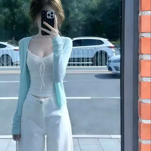 Gentle Style Outfit For Women, New Spring-summer White Camisole Paired With A Long-sleeved Cardigan Top Two-piece Set_ecoleips.com