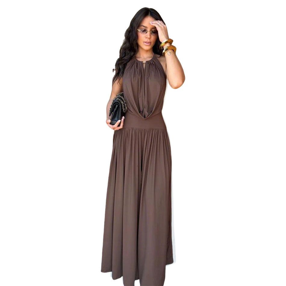 Elegant Women's Halter Neck V-Cut Wide-Leg Pants Set Milk Silk Two-Piece Outfit Black Brown White S-2XL_ecoleips.com