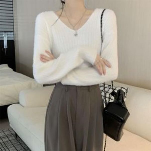 Mink Velvet Sweater Apricot Korean Style Women's Clothing Autumn Winter 2025 New Base Shirt Inner Layer Hot Short_ecoleips.com