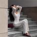 European And American New Cross-Border Women's Fashion Elegant V-Neck Knitted Bell Sleeve Thin Hollow Out Bodycon Long_ecoleips.com