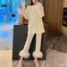 Women's clothing Internet celebrity style ostrich feather stitching suit two-piece suit temperament dress women's style trousers_ecoleips.com