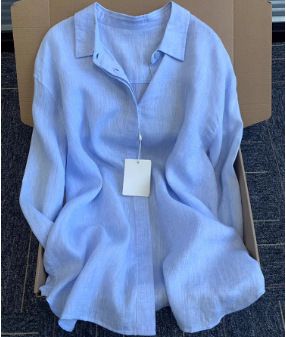 French Style Linen-Blend Blue Shirt For Women - Vintage Loose Fit Long Sleeve Casual Top With Sun Protection_ecoleips.com