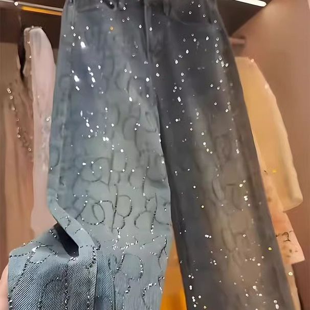 Women's High-Waisted Slimming Rhinestone Jeans Blue Loose Straight Leg Casual Fashion For Office And Autumn Winter Style_ecoleips.com