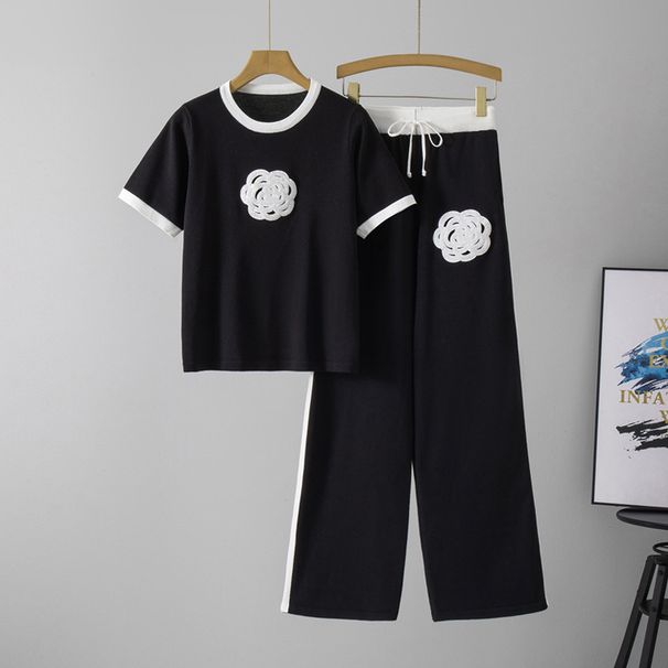 Audday Fashion Women's Knitted Summer Round Neck Camellia Short Sleeve Top Elastic Waist Casual Long Pants Two-Piece Set_ecoleips.com