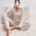 Women's Long Sleeve V-Neck Casual Lounge Set - Soft Brushed Striped Jogger Pants & Top (S-XXL, Autumn/Winter Collection)_ecoleips.com