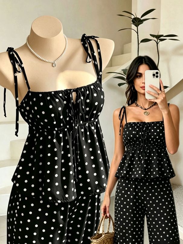 Summer French Polka Dot Tie Waist Camisole Top with Waist Defining Wide Leg Pants European And American Style Women's Clothing Set 2026 New Arrival_ecoleips.com