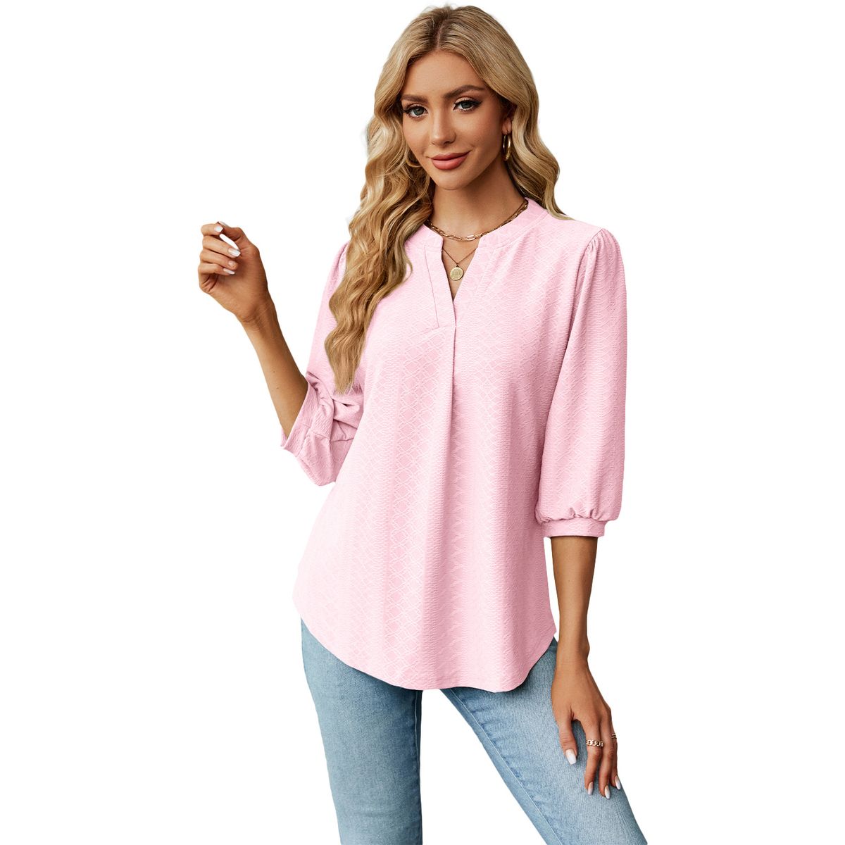 Women's Clothing Autumn And Winter New Solid Color V Neck Jacquard Three Quarter Sleeve Loose T Shirt Tops For Women_ecoleips.com