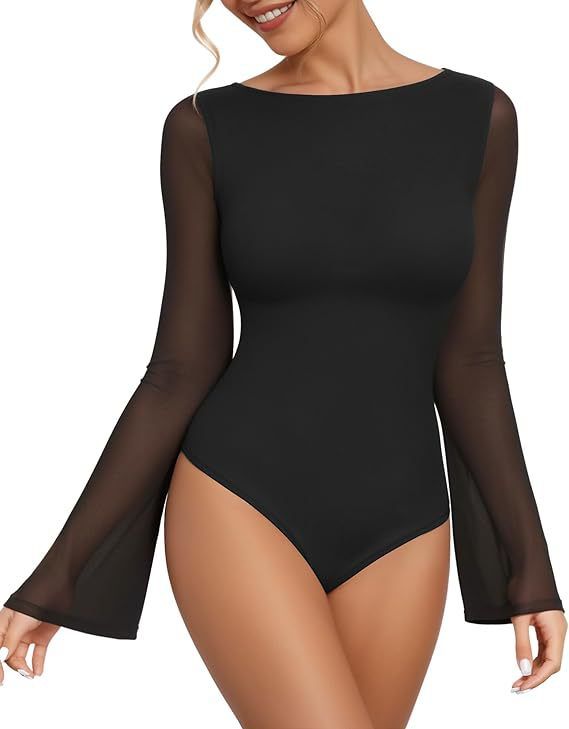 Women's Sexy Black Long Sleeve T-Shirt Mesh Lace Low Cut Style Color Block Top For Autumn Winter_ecoleips.com