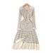 Striped Long Sleeve Knit Dress - V-Neck Lace Trim Wrap Dress (Black/Beige, S/M/L/Xl) Ruffled Long Dress For Women_ecoleips.com