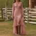 Sexy Jacquard Boho Solid Gowns Elegant V-Neck Long Sleeve Wedding Dress Women's Fashion Lace Fringe High Waist Hollow Maxi Dress_ecoleips.com