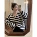 Lazy Style Korean Contrast Striped V-Neck Sweater Women's Autumn And Winter Small Long Sleeves Loose Special Yarn Knitwe_ecoleips.com