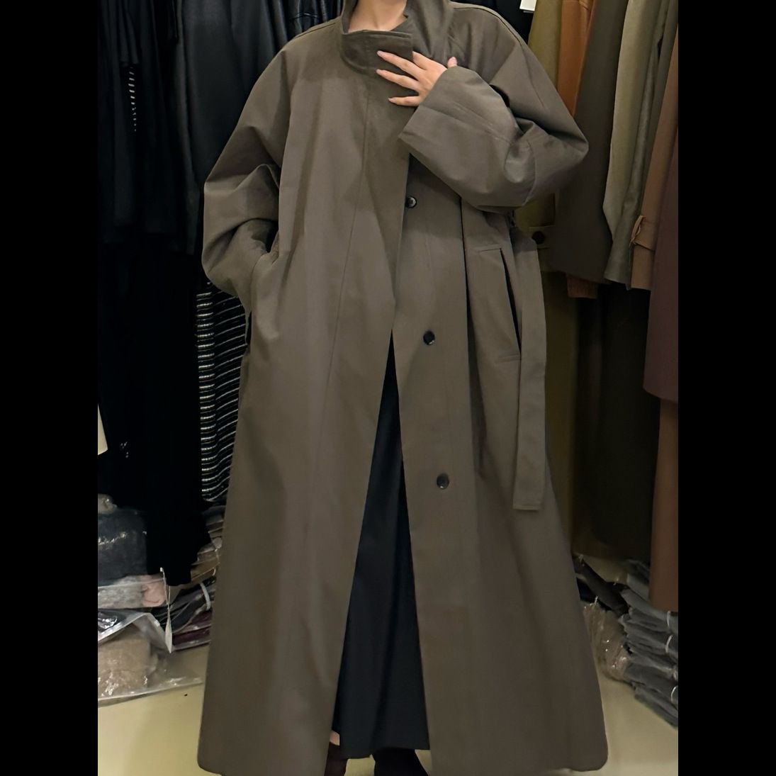 Women's Oversized Trench Coat – High-Collar, Minimalist Longline Jacket In Premium Gray, 3D Textured Polyester, Relaxed_ecoleips.com