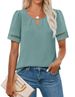 Verve 2025 Summer Women's Elegant Hollow Out Lace Trim Solid Color Buttonless Short Sleeve T-Shirt_ecoleips.com
