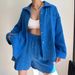 Women's Clothing Wrinkled Lapel Long Sleeved Shirt High Waisted Drawstring Shorts Fashionable Casual Two Piece Set_ecoleips.com