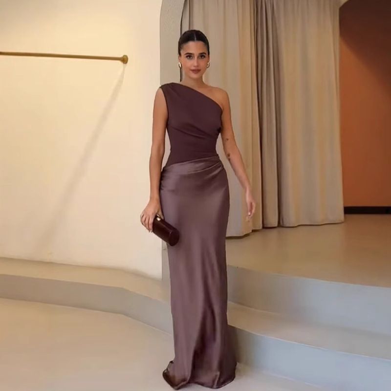 Women's Clothing Off Shoulder Dress Temperament Sleeveless Satin Splicing Long Skirt_ecoleips.com