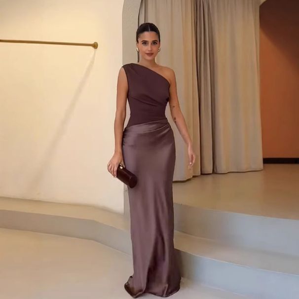 Women's Clothing Off Shoulder Dress Temperament Sleeveless Satin Splicing Long Skirt_ecoleips.com