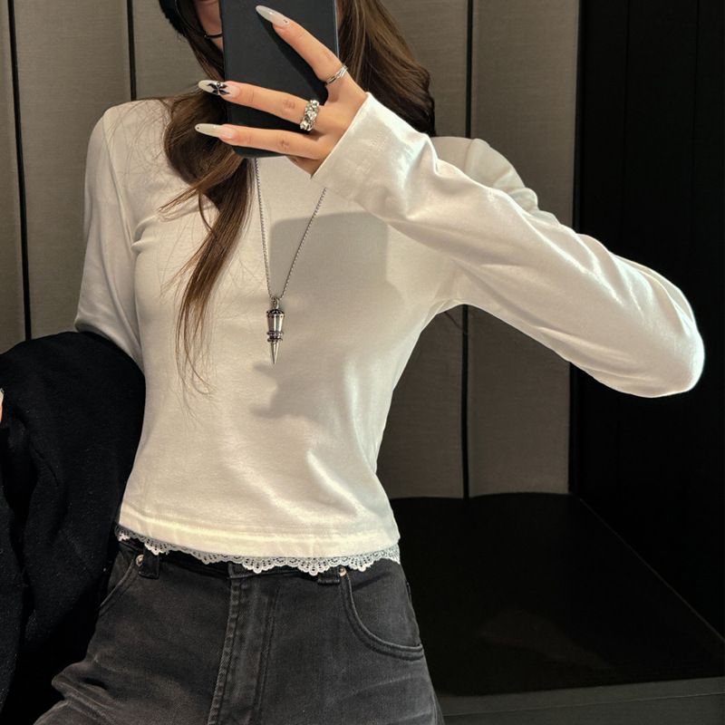 Korean Style Women's Long Sleeve Top Round Neck Base Layer Lace Patchwork Straight Shoulder T-Shirt For Spring Autumn_ecoleips.com