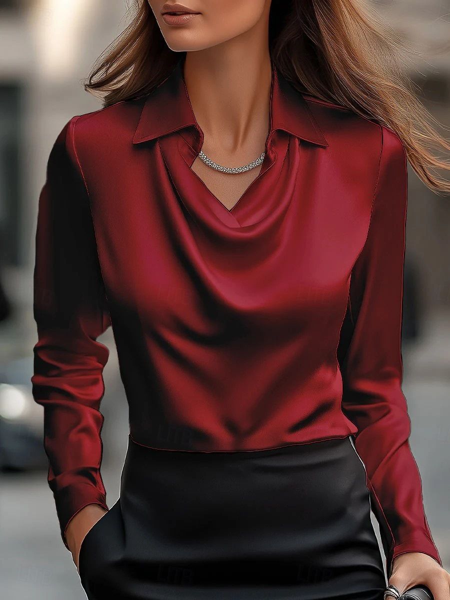 Effortless Draped Collar Blouse – Minimalist Print & Flowy Silhouette (Polyester Elegance For Work To Weekend)_ecoleips.com