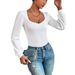 Voya Women's V-neck Bubble Sleeve Slim Fit Fashionable Versatile Women's T-shirt Long Sleeved Lace French Top_ecoleips.com