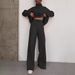 Women's Fashionable Casual Two Piece Set High Neck Loose Fit Long Sleeve Top with Wide Leg Pants European American Style_ecoleips.com