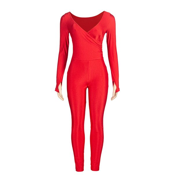 A390ST 2025 Spring New Solid Color V-neck Sexy Long Sleeve Top High Waist Women's Pants Set_ecoleips.com