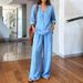 Women's Casual Cotton Pants Set V Neck Pullover Long Sleeve Top Multiple Colors Washed Effect Clothing_ecoleips.com