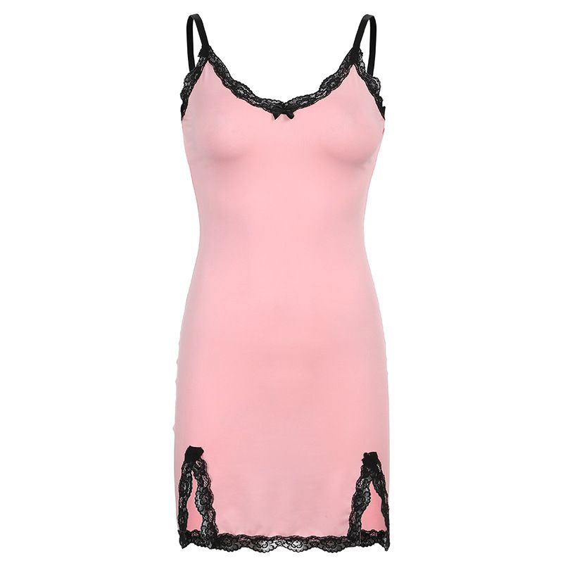 Aria Basics Aria Basics Summer European American Women's Lace Trim, Color-blocking, Slit, Spaghetti Straps, Sexy Slim-fitting, Elegant Dress_ecoleips.com