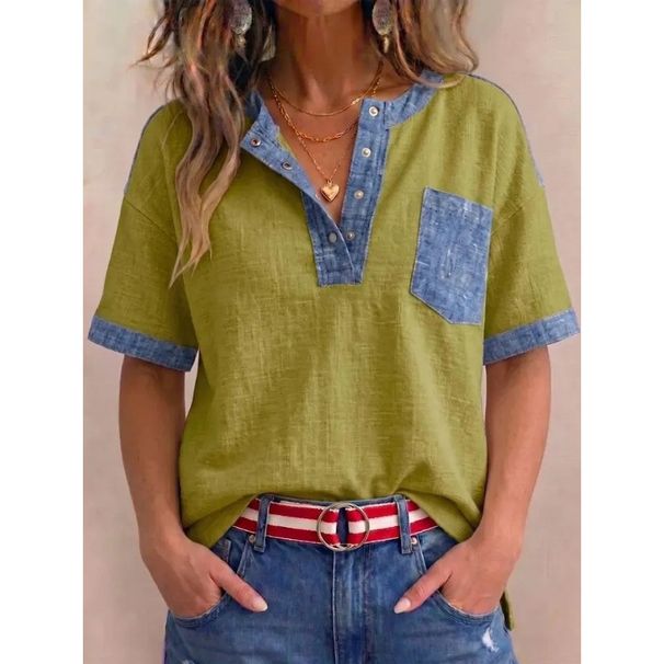 Women's V Neck Short Sleeve Casual Loose Top Patchwork Independent Website New European And American Style Summer Top_ecoleips.com