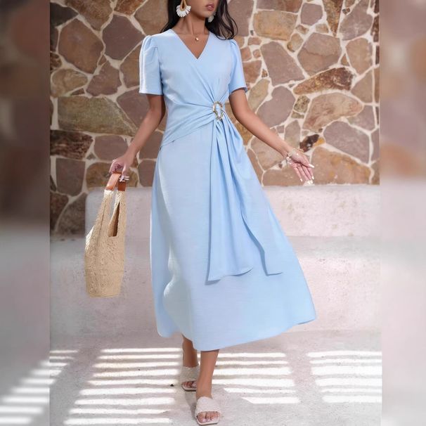 Elegant A-Line Midi Dress With Flowy Skirt – Minimalist V-Neck Dress For Work & Everyday Wear Breathable & Eco-Friendly_ecoleips.com