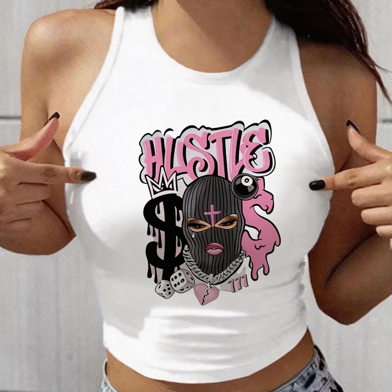 Y2K Women's Vintage Round Neck Sleeveless Tank Tops With HUSTLE And Figure Print Sexy Graphic Vest Clothes For Woman_ecoleips.com