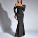 Women's Clothing Autumn Winter European Style Off The Shoulder Dress Elegant Slim Fitting Evening Gown With Powder Sprinkled Mesh_ecoleips.com
