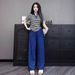 Women's Clothing Summer Fashion Set Casual Striped Collar Top And Wide Leg Pants Two Piece Outfit Thin Short Sleeve_ecoleips.com