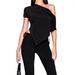 Women's Pure Asymmetrical Neckline Short Sleeved T-Shirt Summer Casual Basic Fitted Waist American Style Irregular Top_ecoleips.com
