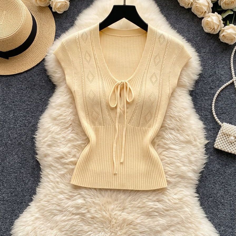 Women's Sweet V Neck Short Sleeve T-Shirt Korean Style Bow Tie Slim Fit Knit Top for Summer_ecoleips.com