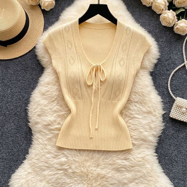 Women's Sweet V Neck Short Sleeve T-Shirt Korean Style Bow Tie Slim Fit Knit Top for Summer_ecoleips.com