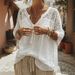 Women's Clothing Women's Casual V Neck T-Shirt Comfortable Batwing Sleeve Hollowed Out Solid Color Top For Spring/Summer Style_ecoleips.com