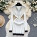 Elegant Inspired V-Neck Long Sleeve Knit Dress With Contrast Trim & Waist-Defining Metal Buttons – Slimming & Stylish_ecoleips.com