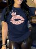 European And American Cross-border Foreign Trade Women's Clothing, Sexy Lips Print Round-neck Short-sleeve T-shirt Top_ecoleips.com