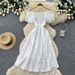 Women's French Style Off-Shoulder Puff Sleeve A-Line Maxi Dress Elegant Slimming Summer Vacation Dress_ecoleips.com