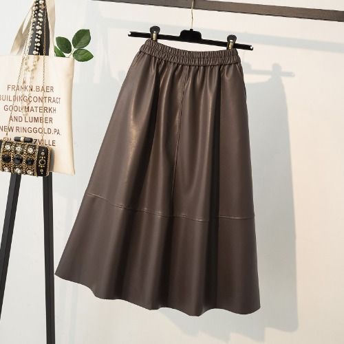 Brown High-Waisted A-Line PU Leather Skirt Mid-Length Hip Covering Slimming Bodycon Style Women's Skirt For Autumn Winter 2025_ecoleips.com