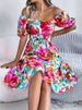 Spring Summer Square Collar Floral Mid-Length Dress Women's Casual Print A-Line Dress_ecoleips.com