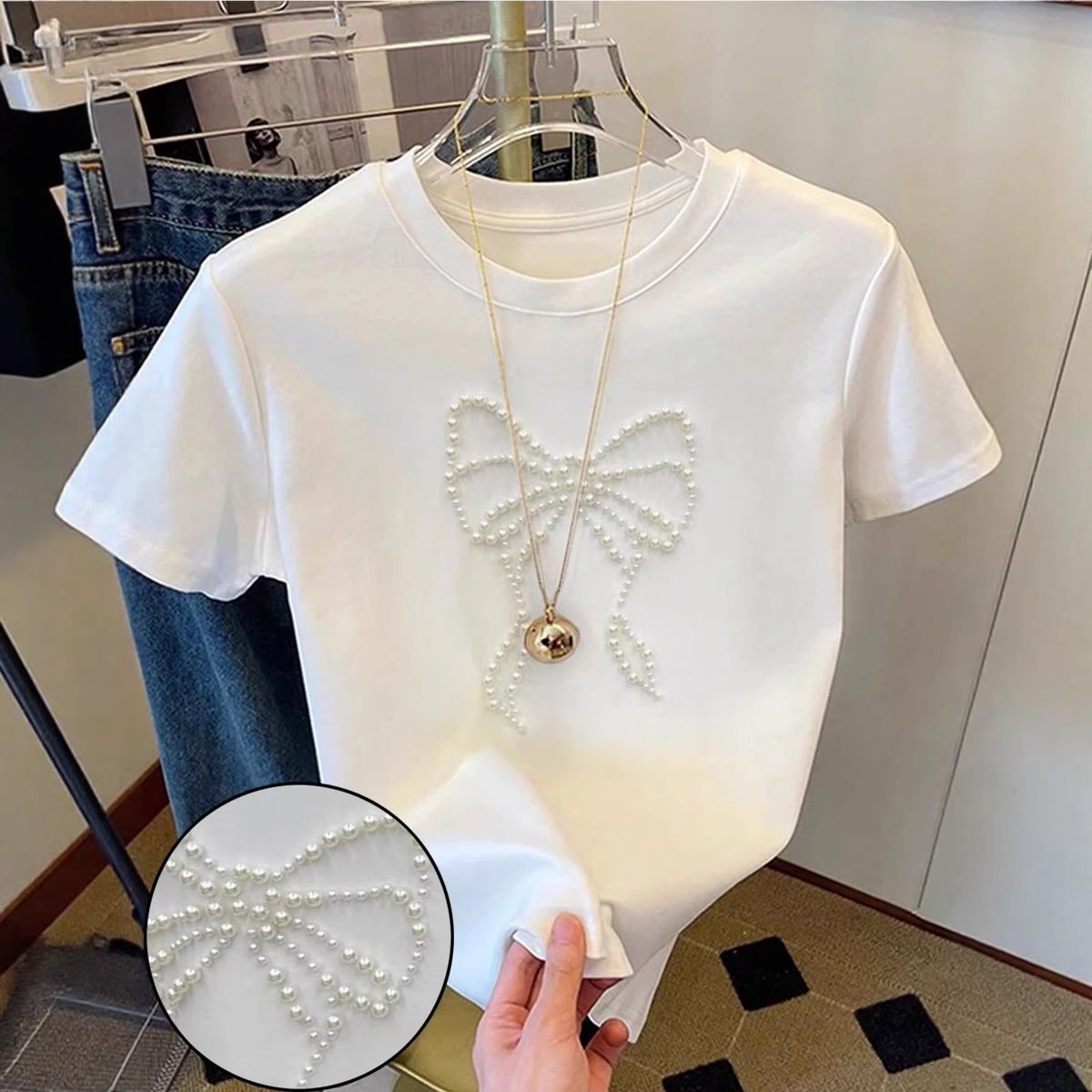 Nanyou Women's Short Sleeve Top High End Spring Summer round Neck Straight Bow Beads Design Casual Fashion T-Shirt_ecoleips.com