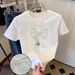 Nanyou Women's Short Sleeve Top High End Spring Summer round Neck Straight Bow Beads Design Casual Fashion T-Shirt_ecoleips.com