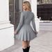 Autumn-Winter Elegant Cropped Sweater Dress With Bow Decoration Gray Knitted Dress_ecoleips.com