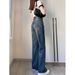 American Retro Washed Blue Micro-flared Jeans For Women, Spring High-waisted Slimming Straight Elastic Wide-leg Long_ecoleips.com