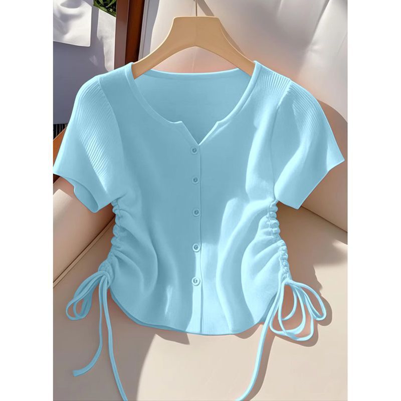Women's Yellow Drawstring Cardigan Short Sleeve Ice Silk Knit T-Shirt Summer Korean Style Chic Top_ecoleips.com