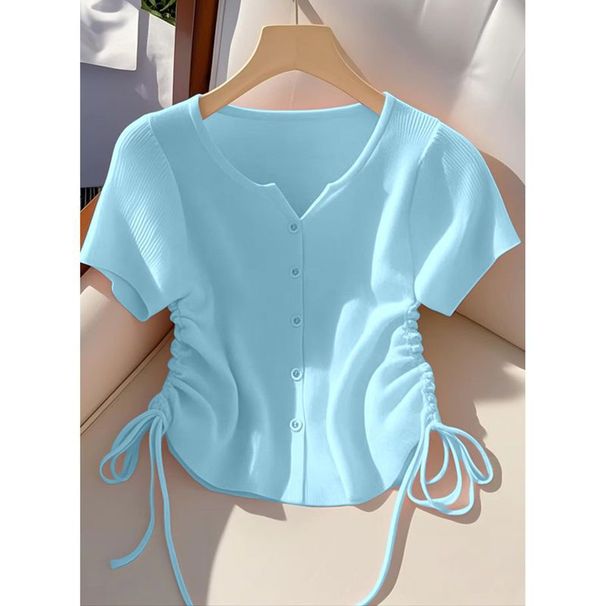 Women's Yellow Drawstring Cardigan Short Sleeve Ice Silk Knit T-Shirt Summer Korean Style Chic Top_ecoleips.com