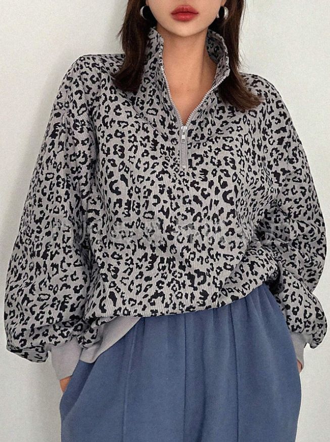 Long Sleeve Leopard Print Pullover – Stand Collar Zip Detail Loose Fit Women's Top (S-XL, Brown/Gray)_ecoleips.com