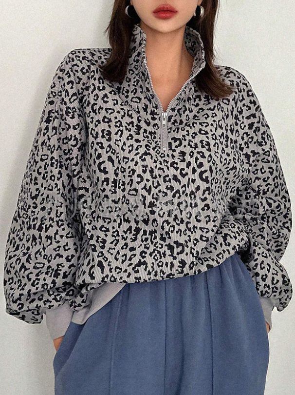 Long Sleeve Leopard Print Pullover – Stand Collar Zip Detail Loose Fit Women's Top (S-XL, Brown/Gray)_ecoleips.com