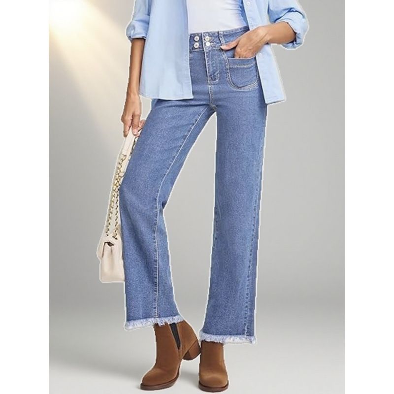 Comfortable Women's Light Blue Straight Leg Jeans Multiple Buttons Frayed Edges Cross Border Exclusive Factory Direct_ecoleips.com